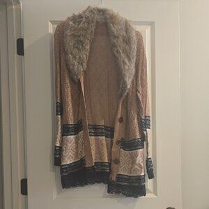 BKE Tan and Black Cardigan with Faux Fur Collar